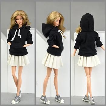 Zimski Črni Vrh Hoodies Sweetshirt Naguban Krila Obleko Obleko za Barbie Doll Obleke za 1/6 BJD Lutke, Dodatki
