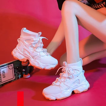 Ženske SneakersAutumn Dihanje Očesa Klin Superge Z Visoko Vrh Bele Priložnostne Močen Čevlji Ženske Zapatos De Mujer