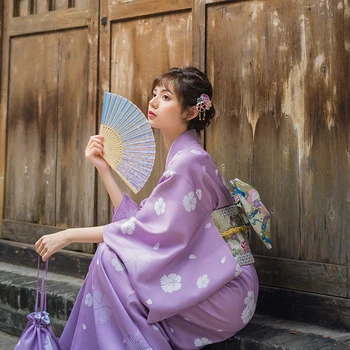 Ženske Yukata Tradicionalna Japonska Kimono Plašč Fotografija Obleko Cosplay Kostum vijolična Barva cvet Natisne Letnik Clothin