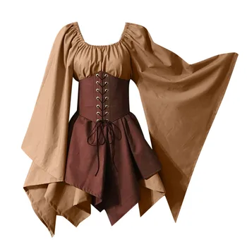 2020 Halloween Ženske Obleke Srednjeveški Cosplay Kostume Gothic Retro Dolg Rokav Korzet Obleko Za Noč Čarovnic Elf Obleke