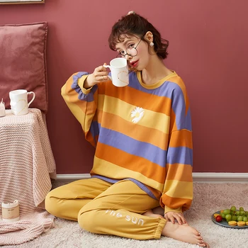 2020 Jeseni Dolg Rokav Pajama Set za Ženske, Bombaž Lepe oranžne barve Sleepwear ženske Homewear Pijama Mujer domov Oblačila