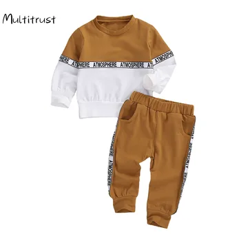 2020 Jeseni Malčke Baby Fantje Obleke, Kompleti 1-4Y Pismo Mozaik Dolgimi Rokavi Pulover Majica Vrhovi Hlače Šport Določa