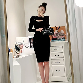 2020 Jeseni Novi Elegantni Modni Črno Pleteno Obleko Elegantno Ženske Dolgi Rokav Votlih iz Bodycon Stranka Obleko svinčnik