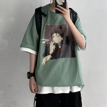 2020 Modi Anime Obleko Korejski Par T-Shirt Kpop Moških Oblačil Ulzzang Prevelik T Shirt Je Natisnjena Kratkimi Rokavi Moški