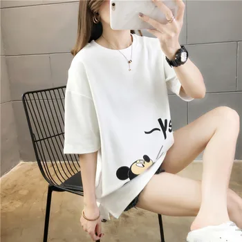 2020 Novo Poletje Mickey Mouse Ženske Črkami Tiskanje Kratkih Oplaščeni T-shirt korejskem Slogu Svoboden Vrh Dno Rokavi Ženske Majice