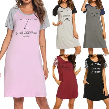 2020 Žensk Hišna Obleke Nightgowns Sleepshirts Sleepwear Srčkan Spanja Majica Pismo Natisnjeno Obleko Noč Kratek Rokav More
