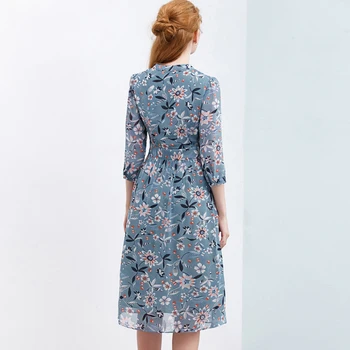 2021 Šifon Obleko Za Ženske Natisnjeni A-Linija za Ženske Mid-Dolžina Obleko Pomlad Jesen Cvetlični Modra Zapeto Gor Pregleden Vestidos