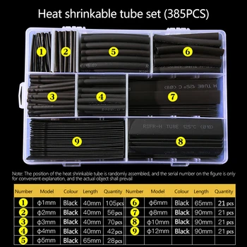 385pcs Heat Shrink Tube lahko rokav cevi Polyolefin cev toplote shrinkable cev, Izolirana cev Thermoresistant