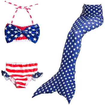3PCS/Set Ameriški ZDA Zastavo, Tiskanje Otroci morska deklica Rep Dekleta Kopalke Kostum Cosplay Otrok morska deklica Repi Oblačila