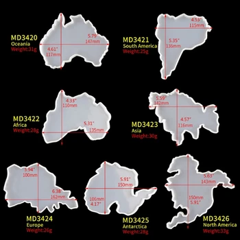 8Pcs Sedmih Celinah Zemljevid Železnica Smolo Plesni Oceanija Afrika Evropa Azija Zemljevid Silikonski Pladenj za Sadje Pokal Mat Epoksi Smolo Plesni