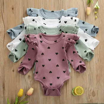 Baby Bodysuit 2019 Newborn Baby Dekleta Fantje Ruffle Dolg Rokav Srce, ki Tiskanja Jumpsuit Bodysuit Playsuit Obleke, Oblačila, Velikost 0-24M