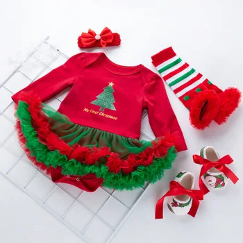 Baby Girl Oblačenja Nastavite Moj Prvi Božični Kostum Tutu Obleke NewbornToddler Dekleta Obleke 4pcs Rdeče Romper Čevlji Glavo Nogavice