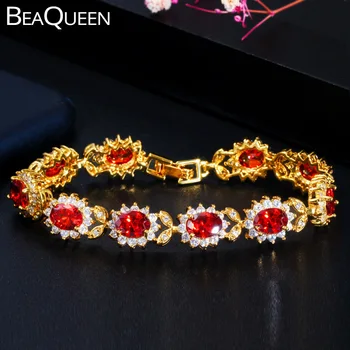 BeaQueen Krasen Zlato Barvo Indijski Nakit Velik, Ovalne, Okrogle Kubičnih Cirkonij Listi Cvet Oblike, temno Rdeče barve Zapestnice za Ženske B200