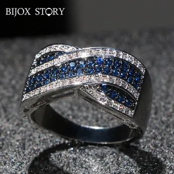 BIJOX ZGODBA 925 Sterling Srebrni Prstan z Geometrijske oblike, temno modra dragih kamnov, Fine Nakit Prstan za Ženske svate velikost 6-10