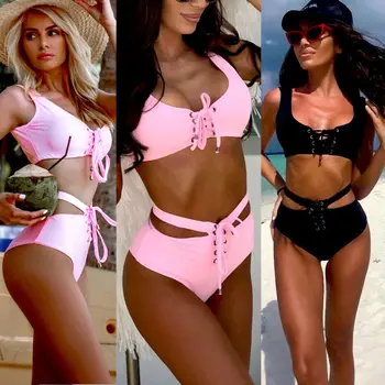 Bikini Trdno Potisnite Navzgor Bikini 2020 Vroče Prodaje Podložen Modrc Trakovi Visoko Pasu Kopalke Povoj Ženske Kopalke Ženske Biquini Brazilski