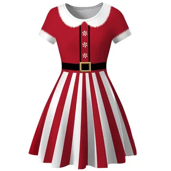 Božič Obleko Ženske Priložnostne Elegantno Tiskanje Red Xmas Party Dress Vintage Retro O-vratu Kratek Rokav A-Line Vestidos Haljo Femme