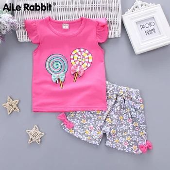 Dojenčka Dekle Otroška Oblačila Obleko Risanka Lollipop Kratek Rokav T-Shirt Hlače Sklop 2 Kos Bombaža Cvetlični otroška Oblačila