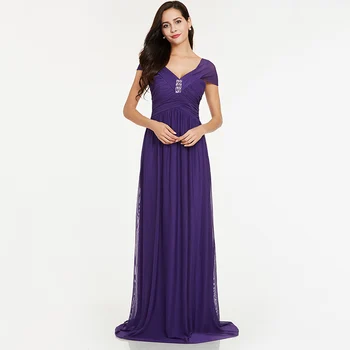 Dressv vijolično dolgo večerno obleko poceni v vratu beading skp rokavi svate formalno obleko linije večerne obleke
