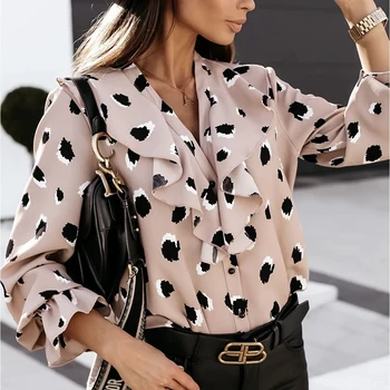 Elegantno Polka Dot Ruffle Bluzo Majice Ženske 2020 Jeseni Metulj Dolg Rokav Vrhovi Urad Dama Priložnostne Gumb Ogrlicom Vratu Blusa