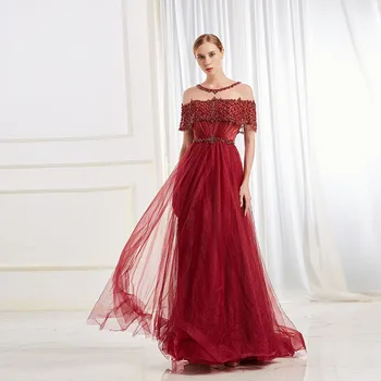Elegantno Vino Rdeče Dolge Večerne Obleke Kristali Beaded O Vratu Til Rokav Formalno Stranko Halje Za Ženske Haljo De Soiree