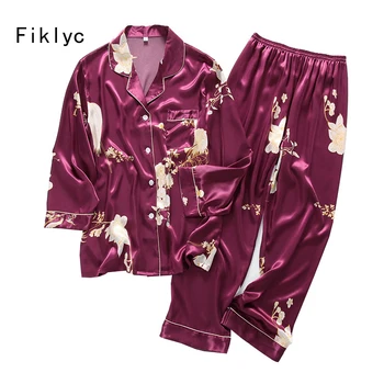 Fiklyc perilo cvet natisnjeni M L XL XXL 4 velikost izbiro ženske saten pižamo določa jeseni poceni sleepwear dolge hlače NOVO obleko