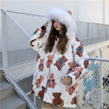 HWLZLTZHT Žensk Harajuku Parkas Kawaii Suknjič Risanka Tiskanja Zimski Podloženi Plašči Ženske 2020 Japonski Modni Outwear Svoboden Plašč