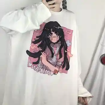 Japonska sladko tshirt ženske t shirt ins Harajuku bf retro vrhovi anime dekle tisk svoboden dolgo sleeved majica s kratkimi rokavi ženske študentov vrh