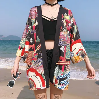 Japonski 2020 Plaži, Poletne Ulične Svoboden Sonce Oblačila Grafiti Kimono Jopico Tanko Plast Yukata Vzročno Bluzo Majica Haori Obi