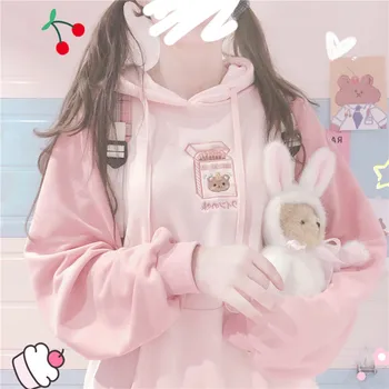 Japonski Mehko Sestra Luštna Dekleta Macaron barve Splice Kapičastih pulover s kapuco Majica Majhne sveže Harajuku Risanka Vezenje puloverju
