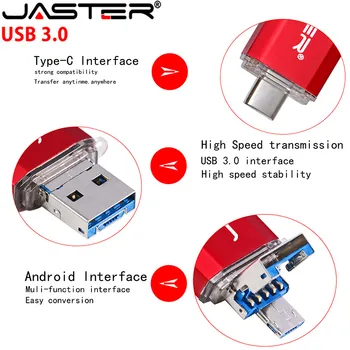 JASTER Novo 3 V 1 OTG (Android in PC & Type_C) USB 3.0 pomnilniški ključek Kovinski Meri Pen Drive 32GB 64GB 16GB 128GB 4GB brezplačna dostava