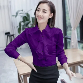 Korejske Modne Ženske Bluze, Srajce Elegantne Ženske Ruffle Šifon OL Majica Plus Velikost Womens Vrhovi in Bluze Blusas Mujer De Moda