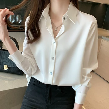 Korejski Svile Ženske Majice, Bluze, Ženske, Saten Bela Ženska Majica Dolg Rokav Srajce Bluzo Ženska Svileno Bluzo Basic Majica Plus Velikost