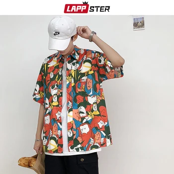 LAPPSTER Moški Letnik korejski Hip Hop Srajce 2020 Poletje Priložnostne Ulične Rokavi Moški Hawaiian Majica Redno Fit Svoboden Smešno Majico