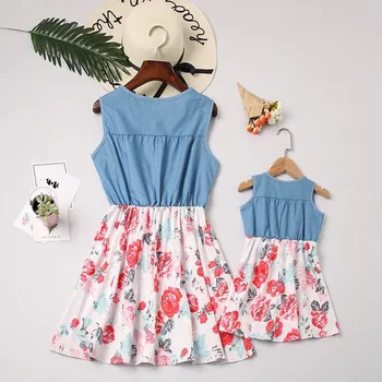 LILIGIRL Družino Videz Ujemanje Oblačila 2019 Novo Mati Hči Denim Otroci Obleke za Dekleta Mamica in mi Cvetlični Obleko Obleke
