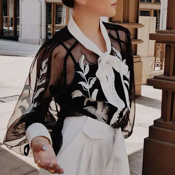 [LIVIVIO] Vezenino Prosojna Majica 2020 Poletnih Oblačil Žensk Povoj Vrhovi Dolgo Luč Rokav Vintage Ženske Bluzo korejski