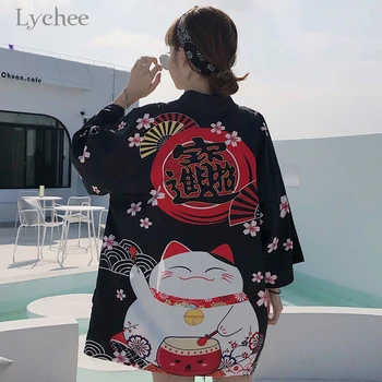 Liči Harajuku Japonski Srečen Mačka Tiskanja Kimono Jopico Ženske Priložnostne Ohlapno Majico Vrhovi Lady Kimonos Poletje Srčkan Plaži Bluzo