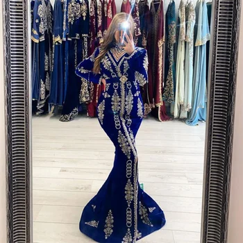 Maroški Caftan Arabija Večerno Obleko Kraljevsko Modra V Vratu Appliques Dolge Rokave Alžirski Dubaj Morska Deklica Maturantski Formalno Obleko