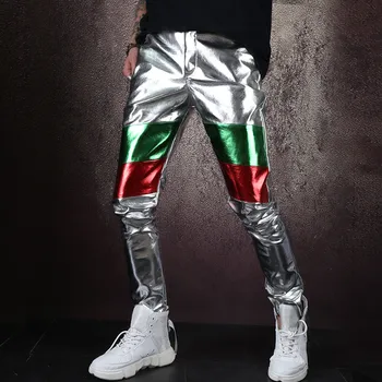 Moda Punk Moški Pevec Zvezde Koncert Kostum Srebro Moške Preplete Barvo Obleke PU Usnje Dolgo Blazerji Hlače 2-Kos Set