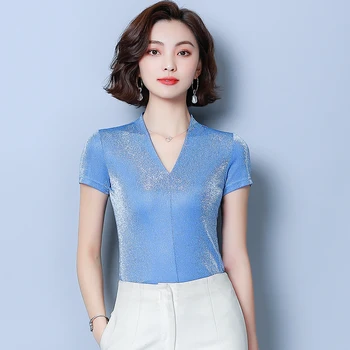 Moda Svetlo žice majice Ženske Vrhovi Trdno dno bluzo ženska kratka sleeved slim srajce 2020 poletje novih Proti-vrat divje Modro