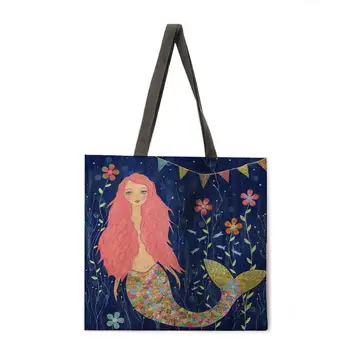 Morska deklica ženskega natisnjeni tote vrečko perilo tkanine vrečko priložnostne zložljiva nakupovalna torba prostem plaže vrečko dnevno tote vrečko