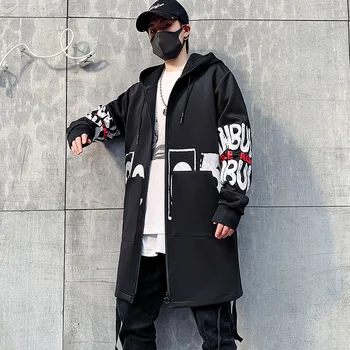 Moški Suknjič Moških 5XL Tiskanja Hooded Dolg Plašč Črne 2020 Hip Hop Ulične Moške Jakne Outwear