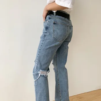 Moški Vintage Moda Priložnostne Zdrobljen Luknjo Naravnost Jeans Hlače Moški Japonska Koreja Slog Ulične Hip Hop Traper Hlače Moto Hlače