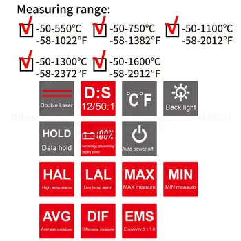 Ne obrnite Infrardeči Termometer -50~550/750/1100/1300/1600 stopnjo Max/Min/Dif/Avg Meritve Industrijske visoke temperature Pištolo