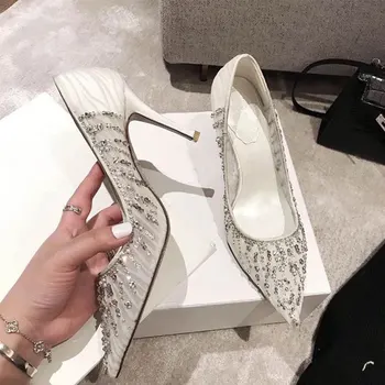 Opozoril diamond stiletto čipke bele sandale 2020 nov stil poroka banket fashion sexy visoko peto čevlje ženske, Star denar