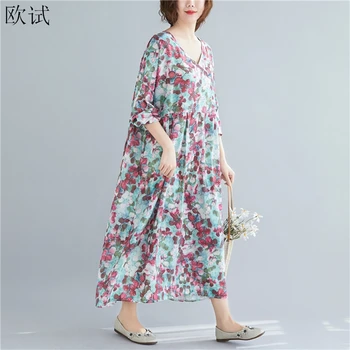 Plus Velikost Boho Cvetlični Cvet Tiskanja Obleko 2020 Pomlad Poletje Ženske Plaža Obleko z Dolgimi Rokavi V-neck Ženske Obleke Haljo Femme