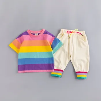 Poletje Baby Dekleta Fantje Kompleti Oblačil Malčka Dojenčka Obleke Obleke Bombaž Mavrica T Shirt Trak Hlače Otroci, Otroci Kopalke Določa