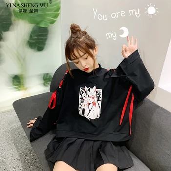 Poletje ženska oblačila Japonske Anime fox natisnjeni prečni trak Ženske Lolita Deklice T-shirt harajuku pomlad Črni Vrh krilo hoodies