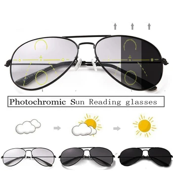 Prehod Photochromic Sonce Branje sončna Očala Moški Ženske Kovinski Okvir prostem Bifocal Postopno Presbyopia Očala Dioptrije 1.5