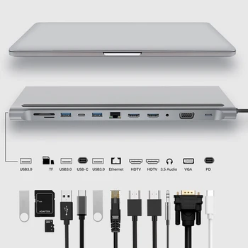 Priklopne Postaje USB (C HUB Tip-C 12-V-1 z Dvojno 4K HDMI, Gigabit Ethernet in USB Vrata za C Prenosni Telefon