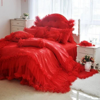 Princesa Čipka, razkošje poročni kompleti posteljnine kraljica kralj velikost bež/roza/rdeča/vijolična barva 4/6/8pcs bedskirt+prevleke+rjuhe kritje s